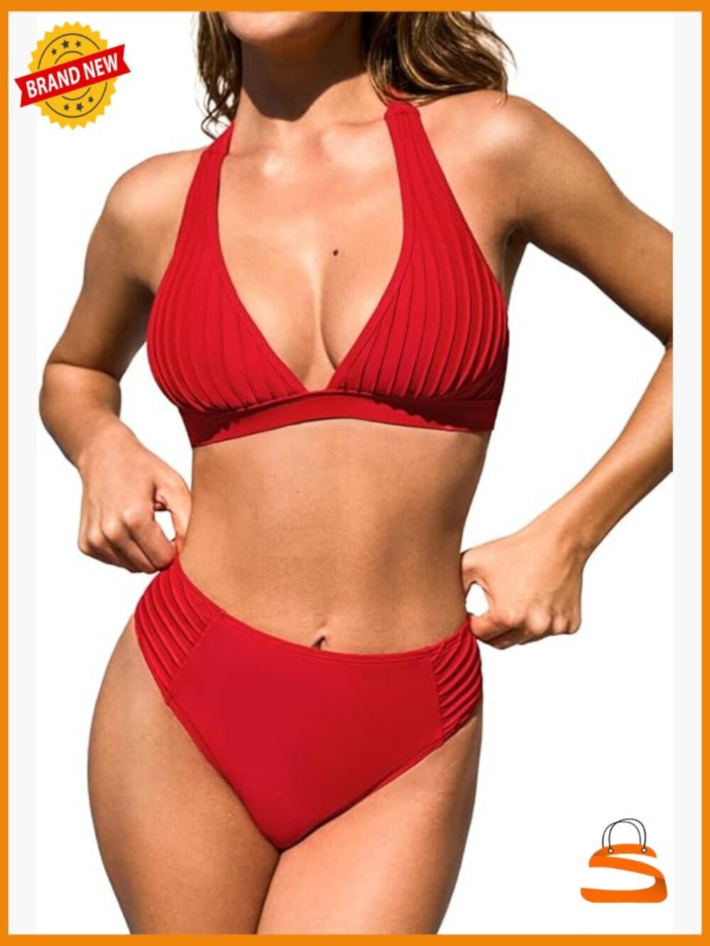 Two Piece High Waisted V Neck Halter Bikini Set Ruched Self Tie